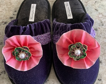 House Shoe Slipper Purple Velvet Purple Bling Flower Non Skid Sole Sz 8-9