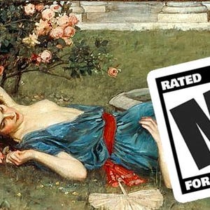 Peut inclure: Une peinture artistique représente deux personnages allongés sur l'herbe près d'une fontaine. L'un porte une robe bleue et l'autre une robe rouge. Un carré blanc avec le texte "RATED M FOR MATURE" est superposé à l'image.