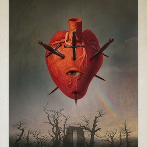 May include: A tarot card depicting the Three of Swords. A red heart with a single eye and three swords piercing it floats above a graveyard with a ruined building in the background. A rainbow appears in the sky.