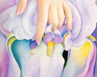 May include: A hand reaches into a cluster of purple, white, and yellow irises. The hand is pale and has long, manicured nails.