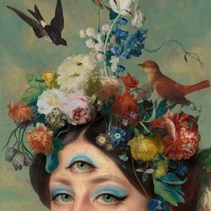 May include: A woman with three eyes, two green and one blue, is surrounded by a crown of colorful flowers. The flowers include white tulips, pink roses, and blue forget-me-nots. Two birds are perched on the flowers, one brown and one black.