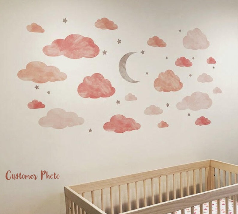 Watercolor Cloud Moon and Stars Wall Decals Cloud Etsy