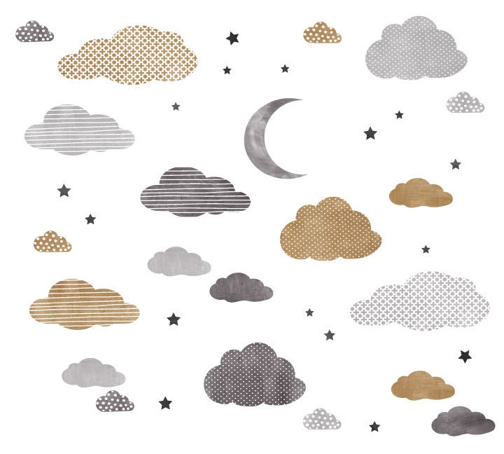 Watercolor Cloud Moon and Stars Wall Decals Cloud Etsy