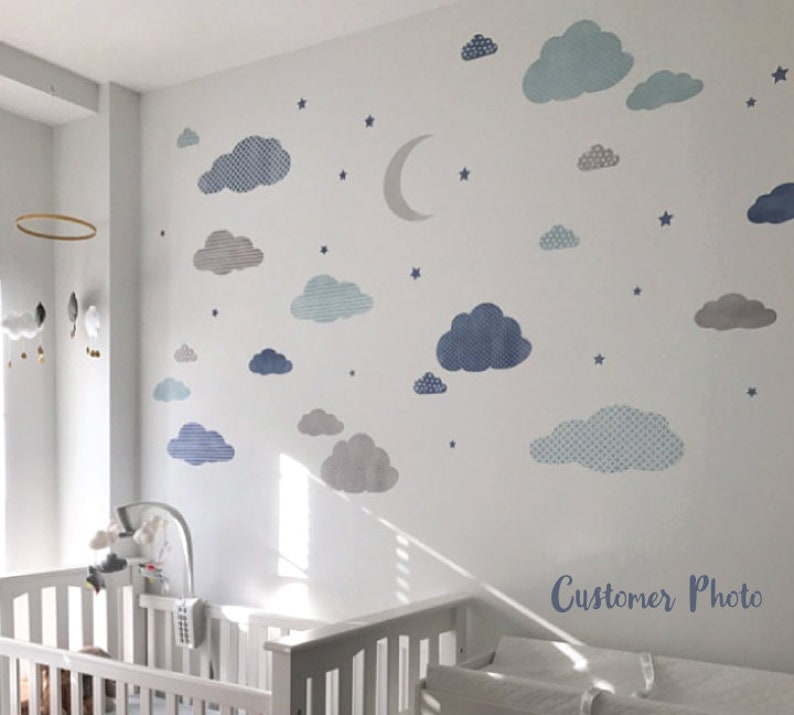 Watercolor Cloud Moon and Stars Wall Decals Cloud Etsy
