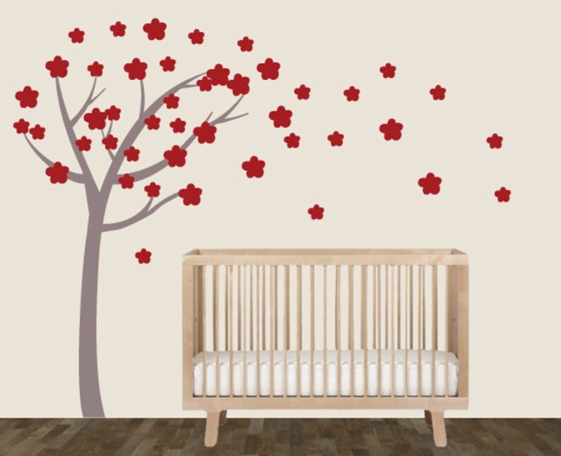 Red Cherry Blossom Tree Fabric Wall Decals Tree Wall Decal with Flowers