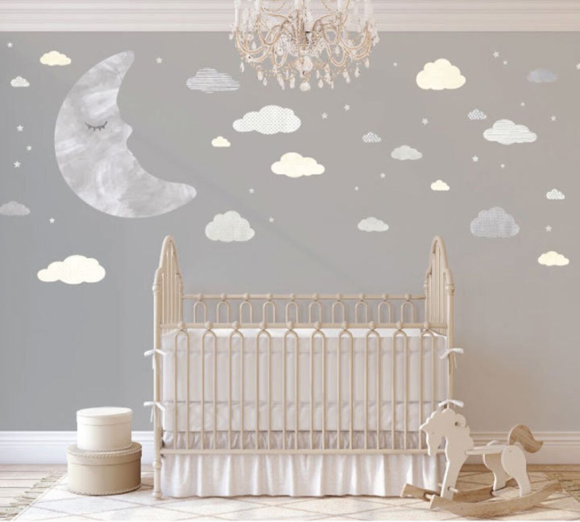 Watercolor Cloud Moon and Stars Wall Decals Patterned Etsy