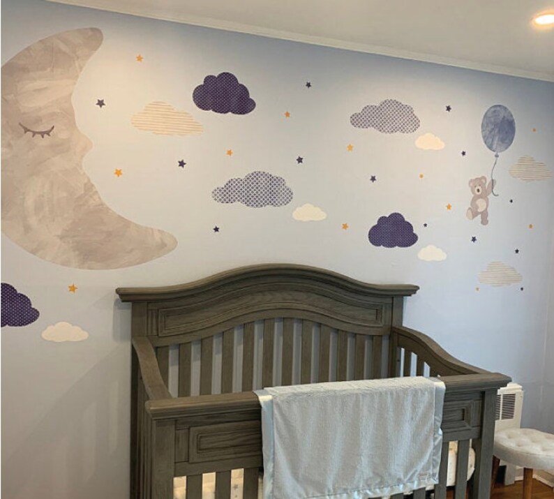 Watercolor Cloud Moon and Stars Wall Decals Patterned Etsy