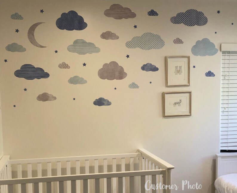 Watercolor Cloud Moon and Stars Wall Decals Cloud Etsy