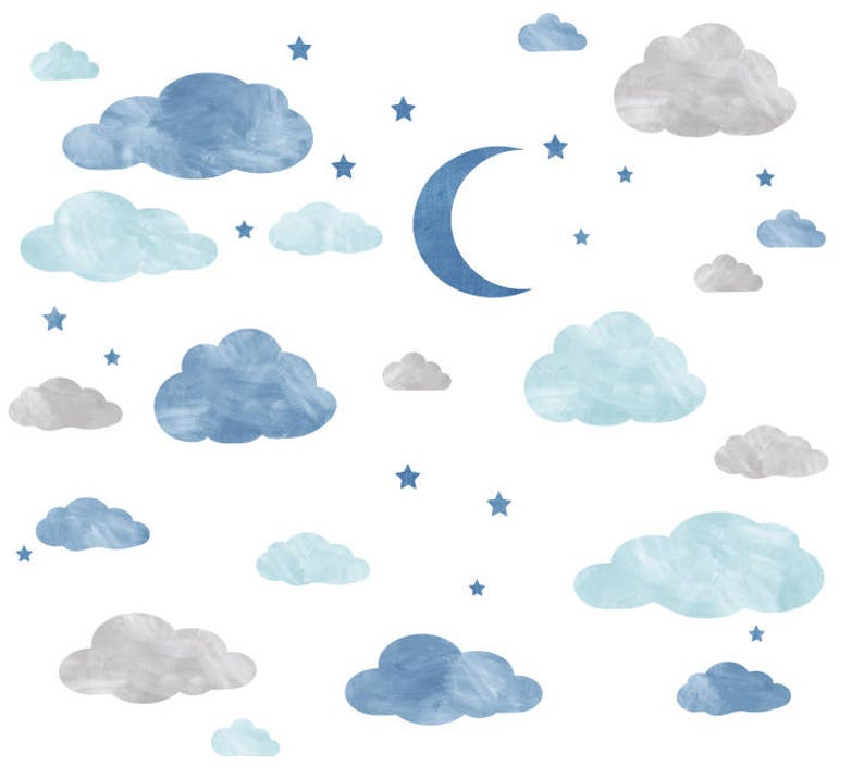 Watercolor Cloud Moon and Stars Wall Decals Cloud Etsy