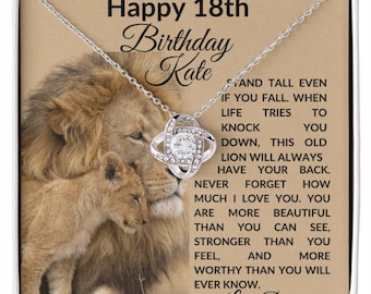 May include: A silver necklace with a crystal knot pendant comes in a gift box with a lion and cub image and a message that reads "Happy 18th Birthday Kate AND TALL EVEN IF YOU FALL. WHEN LIFE TRIES TO KNOCK YOU DOWN, THIS OLD LION WILL ALWAYS HAVE YOUR BACK. NEVER FORGET HOW MUCH I LOVE YOU. YOU ARE MORE BEAUTIFUL THAN YOU CAN SEE, STRONGER THAN YOU FEEL, AND MORE WORTHY THAN YOU WILL EVER KNOW. Love Dad"