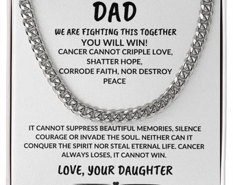 May include: A white card with a silver chain on top. The card has a message of encouragement for someone fighting cancer. The message reads "To my amazing Dad, We are fighting this together, You will win! Cancer cannot cripple love, shatter hope, corrode faith, nor destroy peace. It cannot suppress beautiful memories, silence courage or invade the soul. Neither can it conquer the spirit nor steal eternal life. Cancer always loses, it cannot win. Love, your daughter."
