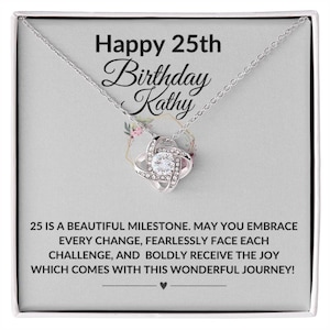 Alles Gute zum 25. Geburtstag schöner Meilenstein personalisierte Nachricht Karte Halskette Geschenk für junge Frau - optional Namen hinzufügen