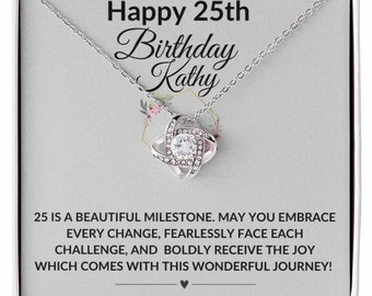 May include: A silver-toned necklace with a sparkling pendant, presented in a gift box. The box features text that reads "Happy 25th Birthday Kathy" and a heartfelt message about embracing life's journey. A thoughtful gift.