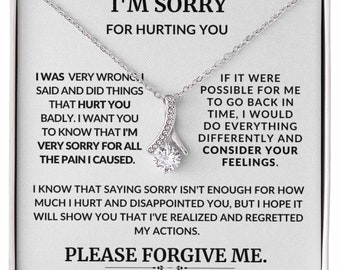 May include: A silver necklace with a pendant featuring a large, clear gemstone and smaller accent stones. The pendant hangs from a delicate chain. The card behind the necklace reads "I'M SORRY FOR HURTING YOU" and "PLEASE FORGIVE ME."