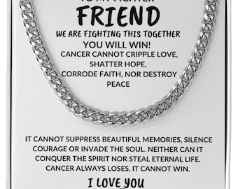 May include: A white box with a silver chain necklace and a message of support for a friend fighting cancer. The message reads "To my fighter friend, we are fighting this together, you will win! Cancer cannot cripple love, shatter hope, corrode faith, nor destroy peace. It cannot suppress beautiful memories, silence courage or invade the soul. Neither can it conquer the spirit nor steal eternal life. Cancer always loses, it cannot win. I love you."