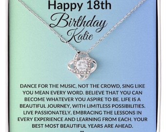 May include: A silver necklace with a knot pendant and a clear crystal in the center. The necklace is in a box with a message that reads "Happy 18th Birthday Katie. Dance for the music, not the crowd, sing like you mean every word. Believe that you can become whatever you aspire to be. Life is a beautiful journey, with limitless possibilities. Live passionately, embracing the lessons in every experience and learning from each. Your best most beautiful years are ahead."