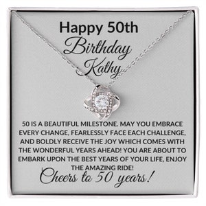 Joyeux 50e anniversaire pour femme, carte à message personnalisée Milestone, collier-cadeau - Ajoutez un nom facultatif