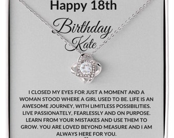 18th Birthday Love Knot Necklace - Cubic Zirconia Pendant, Personalized Card