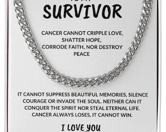 May include: A white box with a silver chain necklace and a message that reads "To My Survivor" and "Cancer cannot cripple love, shatter hope, corrode faith, nor destroy peace. It cannot suppress beautiful memories, silence courage or invade the soul. Neither can it conquer the spirit nor steal eternal life. Cancer always loses, it cannot win. I Love You".