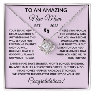 Erstaunliche neue Mutter neue Baby Glückwünsche, Liebe Knoten personalisierte Halskette Geschenk-Rosa Karte