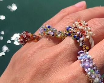 Murano glass ring, modern lampwork colorful tiny dots cluster bombe rings, boho romantic dainty pretty cute unusual Christmas gift for her