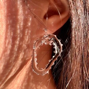 Murano glass earring, Contemporary lampwork minmalist clear transparent hoop earrings with silver studs, boho wave asymmetric Xmas gift