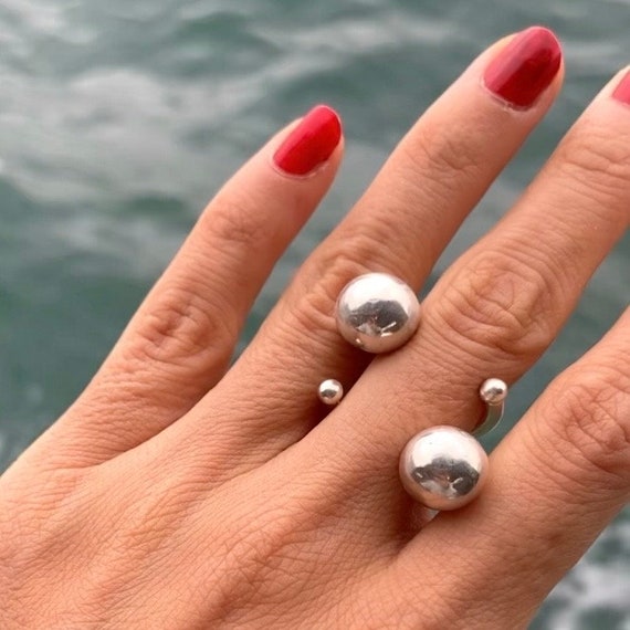 Sterling Silver Big Sphere Design Ring, Modern Artsy