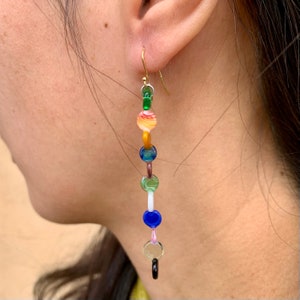Murano glass earring, Contemporary lampwork colourful asymmetric pop long earrings with silver gold plated studs, Christmas gift
