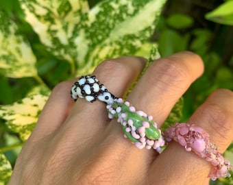 Murano glass ring, Modern artisan geometric color clash tiny dots bombe cluster band, romantic boho pretty floral Christmas gift for her
