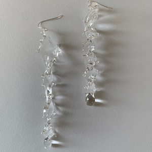 Murano glass earring, Contemporary lampwork minmalist clear transparent spiral dangling earrings with silver studs, Christmas gift