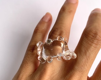 Murano glass ring, Contemporary lampwork minimalist clear transparent ring, boho wave water custom-made jewel, Unusual unisex Christmas gift
