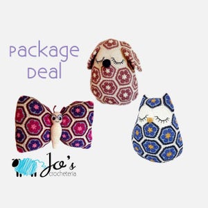 Crochet Pattern - Maggie the Owl, Mia the Dog and Tess the Butterfly crochet pattern package