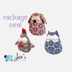 May include: Three handmade crochet animal plushies: a dog, a chicken, and an owl. The dog is cream and burgundy, the chicken is gray and red, and the owl is blue and yellow. The text "package deal" is above the plushies, and the logo "Jo's crocheteria" is below.