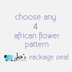 Op de afbeelding: Paarse tekst op een witte achtergrond luidt "choose any 4 african flower pattern Joe's crocheteria Package deal". In de linkerbenedenhoek staat een cartoon-schaap met blauwe wol.
