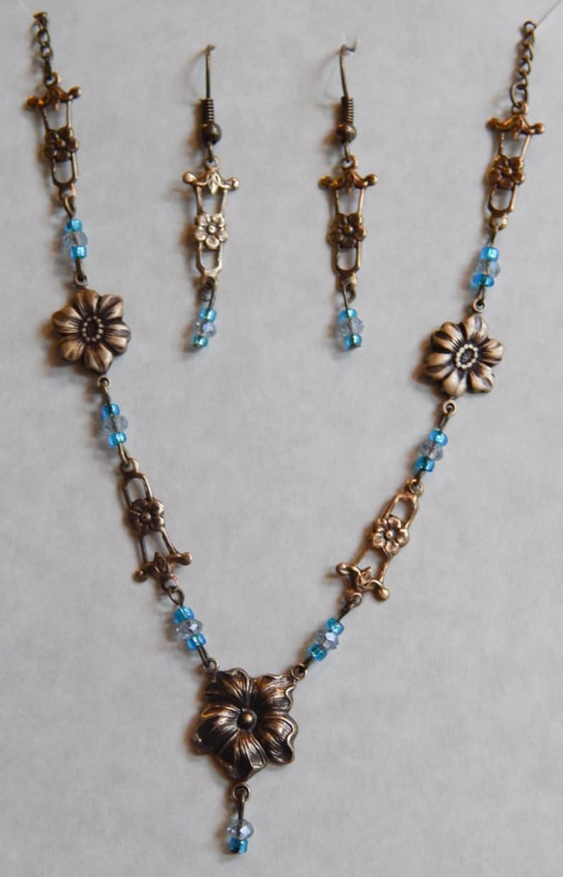Necklace and Earrings Set 18 Teal Blue Crystal Brass Floral #203 One Of A Kind