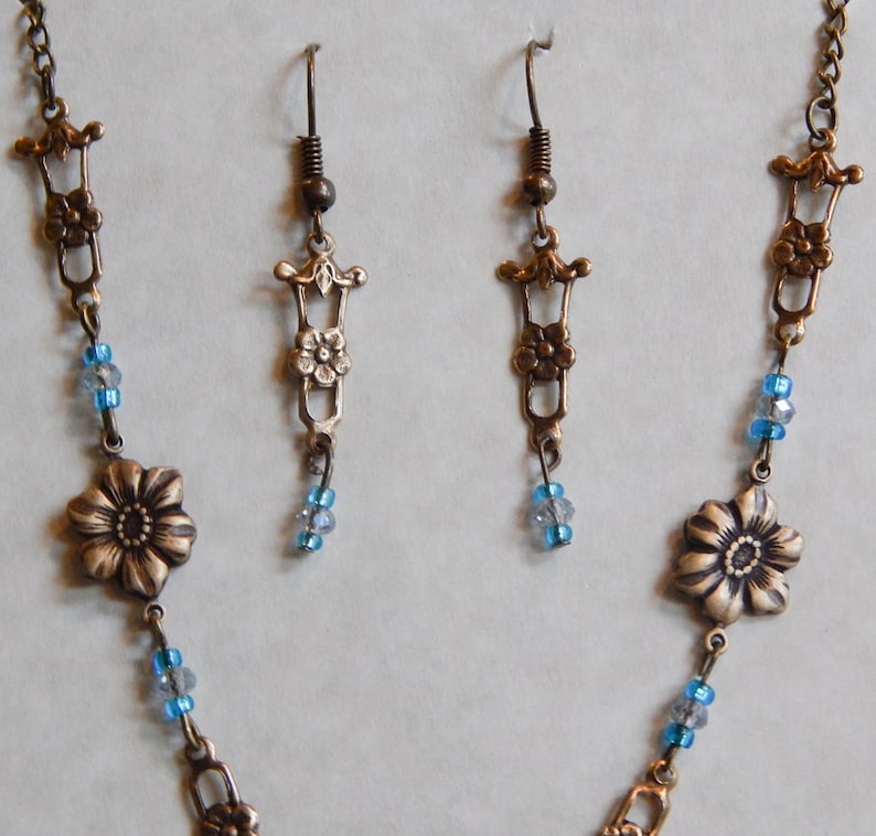 Necklace and Earrings Set 18 Teal Blue Crystal Brass Floral #203 One Of A Kind