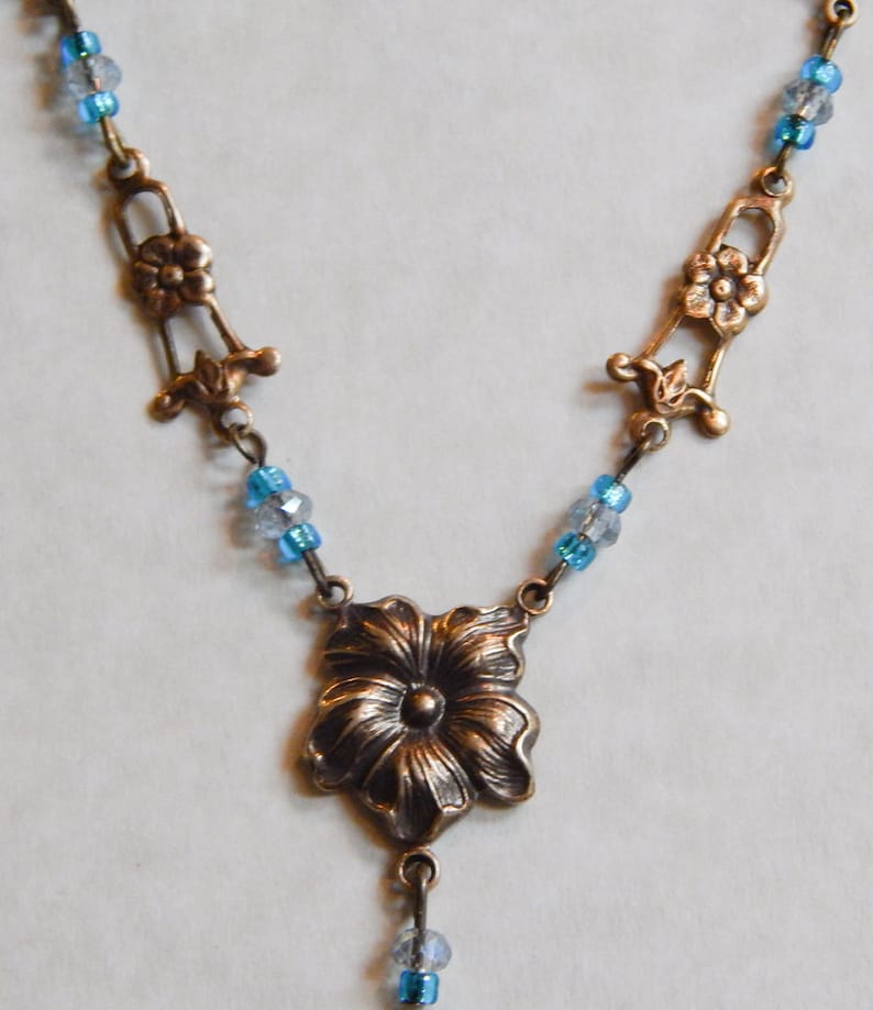 Necklace and Earrings Set 18 Teal Blue Crystal Brass Floral #203 One Of A Kind