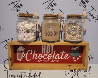 Hot Chocolate Station, Glass Storage Jar, Cork Top and Spoon, 7cm x 9cm, Christmas Eve Box, Marshmallow, Sprinkles, Treats