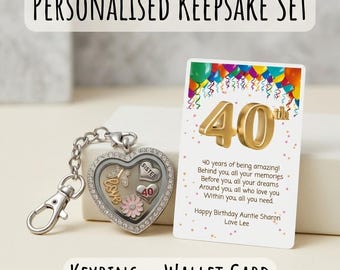 Personalised Heart Floating Locket Keyring, Custom Milestone Birthday Gift, 16th 18th 21st 30th 40th 50th 60th Charm Keychain & Wallet Card