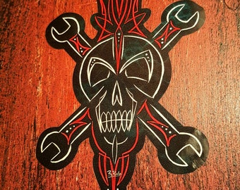 Sticker crâne et clés à os pour hot rod Bo Van Go Kustom Kulture Lowbrow