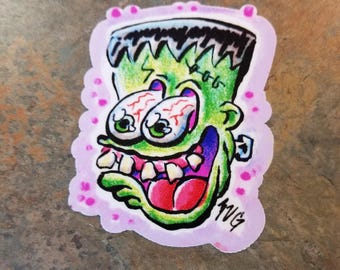 Sticker Frankenstein bizarre, hot rod Bo Van Go, monstres de films d'art hot rod Kustom Kulture Lowbrow