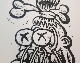 Weirdo Shrunken Head hand pulled print linocut black ink one color