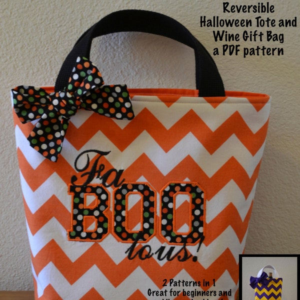 INSTANT DOWNLOAD Reversible Halloween Trick or Treat Sewing PDF Pattern With Bonus Wine Gift Bag Pattern Great For Beginners