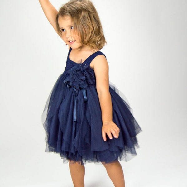 ELLA Navy Blue Empire Waist Baby Tulle Jurk met Stretch Crochet Top.Tulle jurk voor meisjes met kanten gehaakt lijfje.