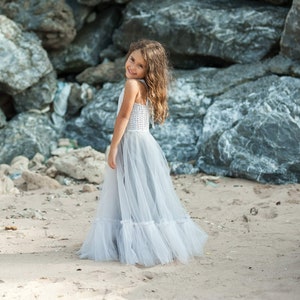 ARIA Light Gray Boho Flower Girl Dress.  Silver Gray Flowergirl Maxi Dress with crochet bodice and soft bridal tulle bottom