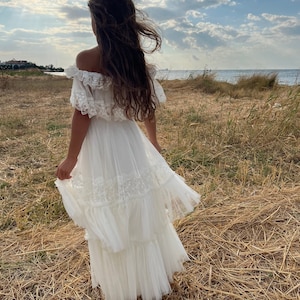 ELIZABETH Ivory or Cream Boho Flower Girl Dress. Flowergirl Maxi Dress with crochet bodice and soft tulle bottom