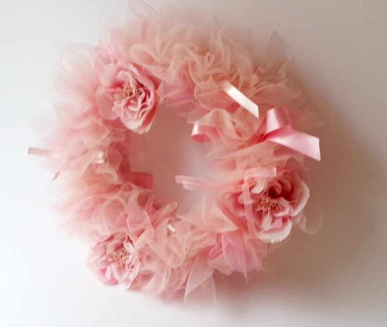 Pink Shades Tulle Wreath with flowers and ribbons. Tutu Etsy