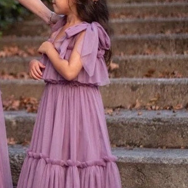 ISABELLA Mauve Boho Tulle Gown for Flowergirls. Beach wedding flower girl dress. Junior bridesmaid dress