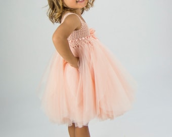 ELLA Peach Baby Tulle Dress with Empire Waist and Stretch Crochet Top.Tulle dress  for girls with lacy crochet bodice.