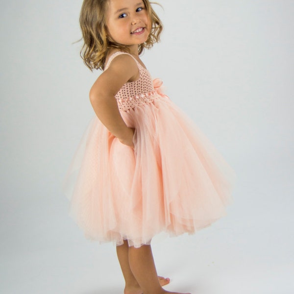 ELLA Peach Baby Tulle Dress with Empire Waist and Stretch Crochet Top.Tulle dress  for girls with lacy crochet bodice.